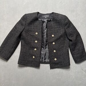 Tahari Arthur Levine Jacket Womens 10 Black Tweed Boucle Embellished Button Open